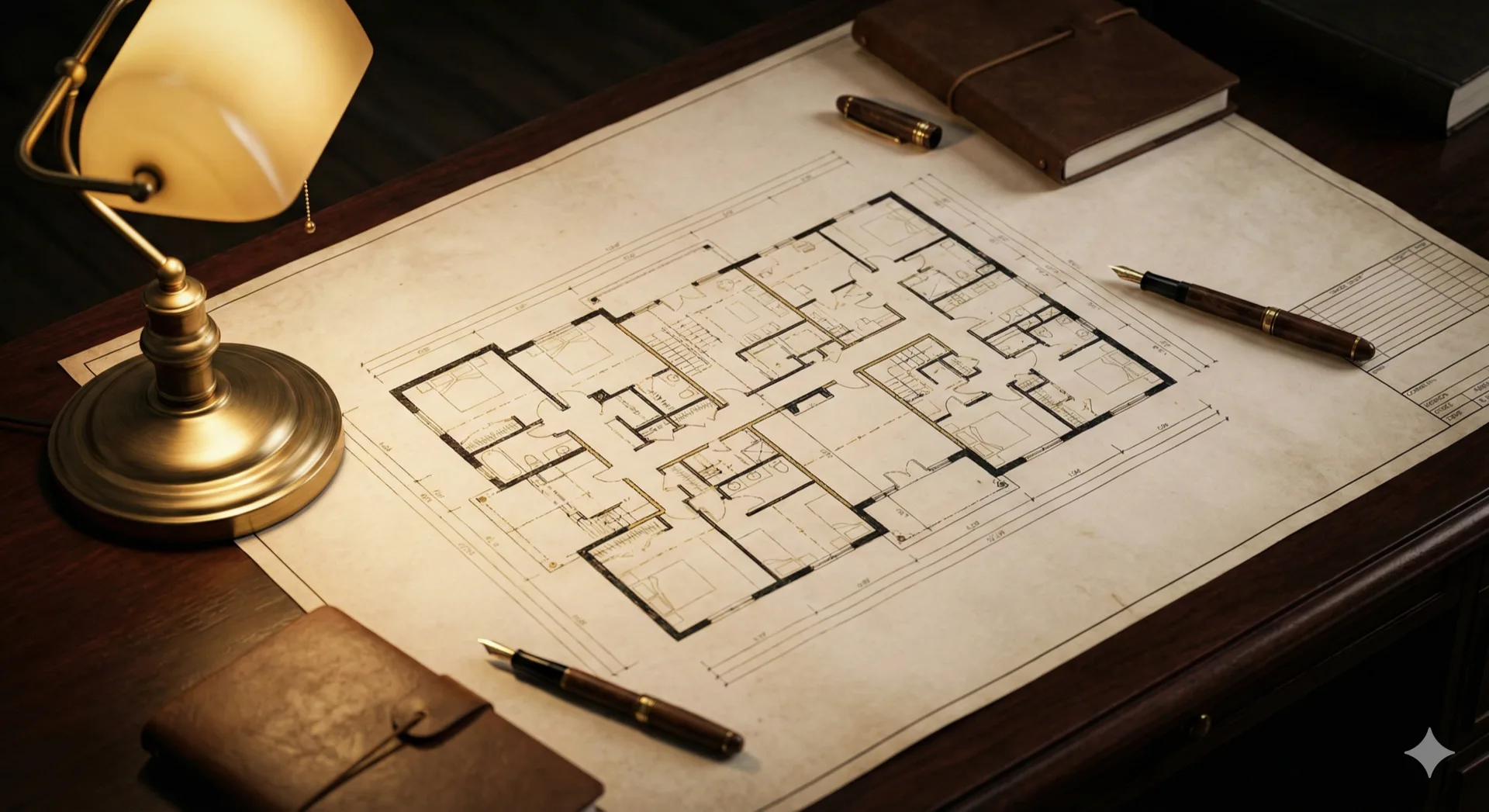 Architectural blueprints and golden desk lamp representing business asset planning