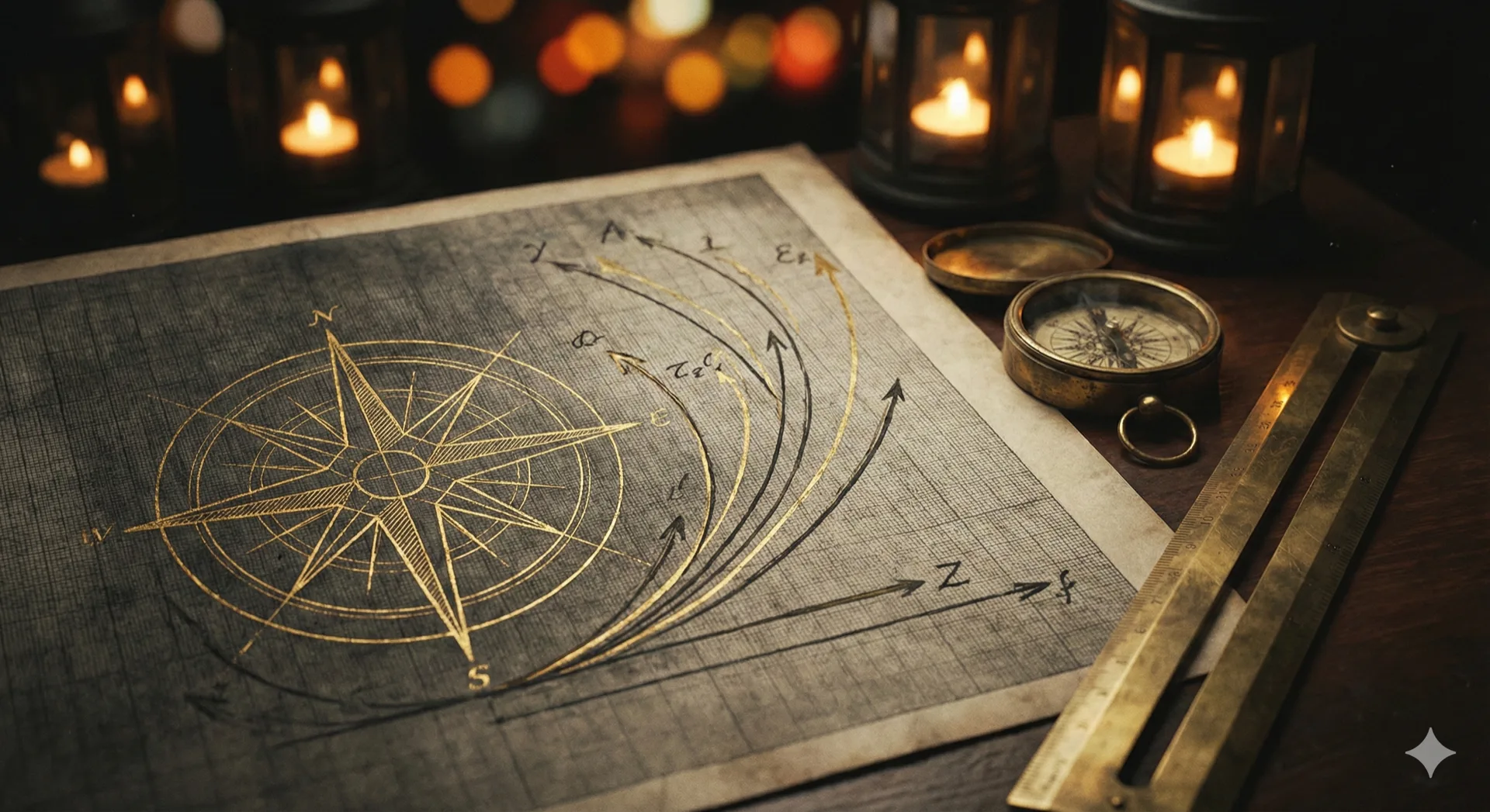Golden compass rose and brass instruments on graph paper representing goal-linked financial navigation